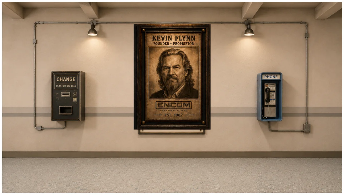 Illustrated Founder Flynn wall design with portrait, change machine and payphone